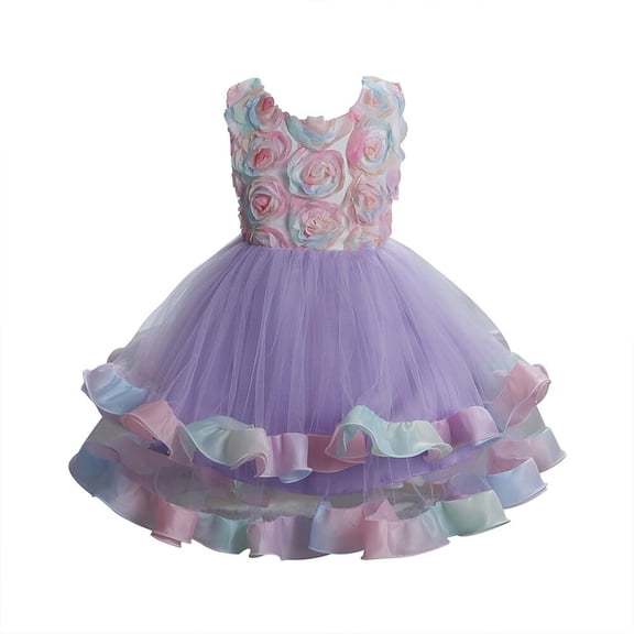 Toddler Kids Girls Floral Formal Princess Party Tulle Tiered Full Dress