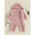 thumbnail image 4 of Wassery Baby Girls Winter Hooded Romper 3M 6M 9M 12M 18M Infant Girls Solid Color Long Sleeve Cartoon Plush Zipper Jumpsuit, 4 of 8