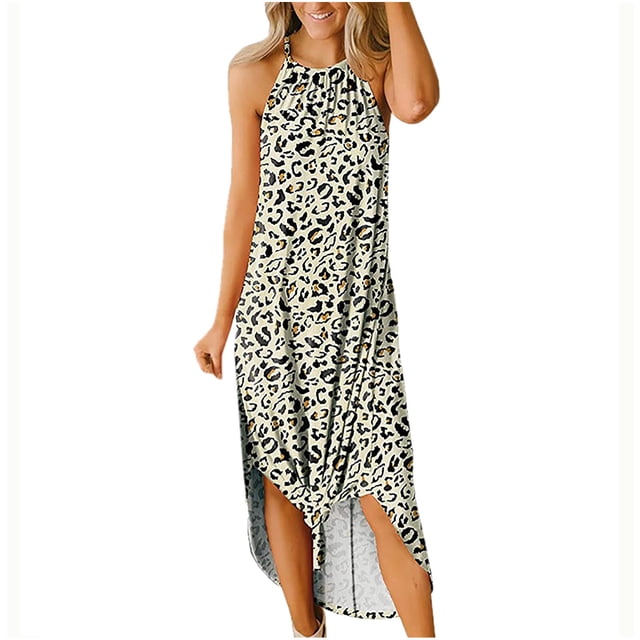 Fankiway Robe Longue Décontractée Sans Manches à Col Rond Fendu Imprimé Ample Robes de Plage pour Femmes Grande Taille