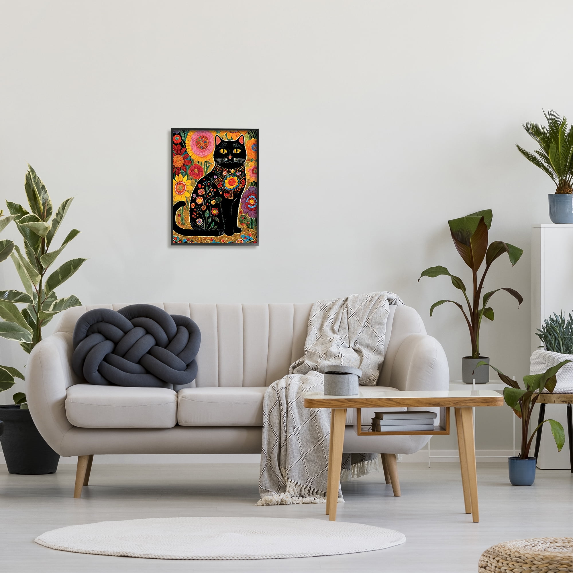 Stupell Industries Cat with Patterned Florals Animals & Insects Painting Black Framed Art Print Wall Art, 16 x 20