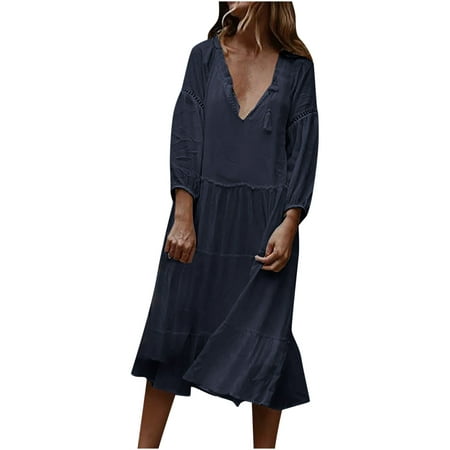 Dillar Fall Clothes for Women 2022 Fashion V Neck Loose Long Sleeve Solid Mid Calf Dress Long Dress