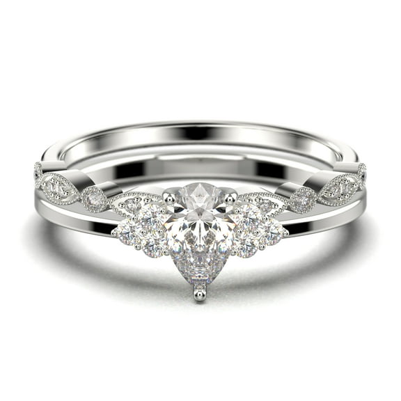 Dazzling Minimalist 1.75 Carat Pear Cut Affordable Ring, Diamond Moissanite Engagement Ring, Unique Wedding Ring, One Matching Band in 925 Sterling Silver With 18k White Gold Plating