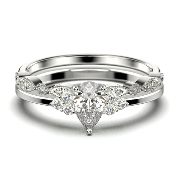 Dazzling Minimalist 1.75 Carat Pear Cut Affordable Ring, Diamond Moissanite Engagement Ring, Unique Wedding Ring, One Matching Band in 925 Sterling Silver With 18k White Gold Plating