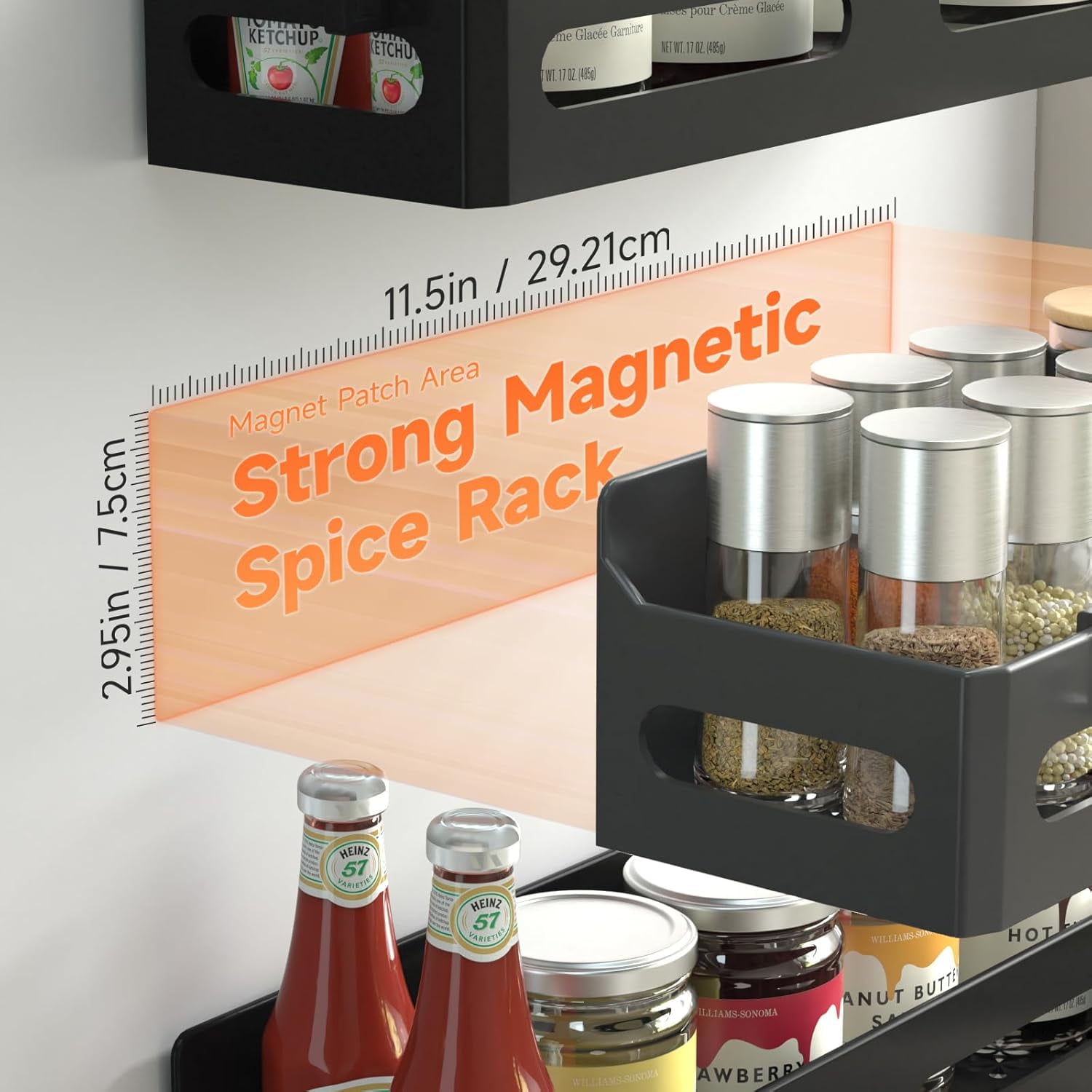 4 Pack Magnetic Spice Rack for Refrigerator - Strong Magnetic Shelves with Hooks, Metal Fridge Organizer for Kitchen Spice Storage, Space Saving Multipurpose Shelf, Black