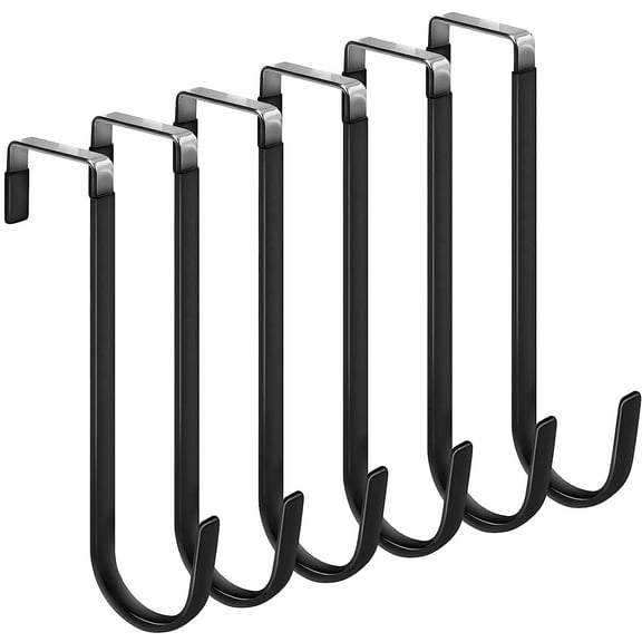 Over The Door Hooks, 6 Pack Upgraded Long Door Hangers Hooks with Rubber Prevent Scratches Heavy Duty Organizer Hooks for Hanging Clothes, Towels, Hats, Coats, Bags Black