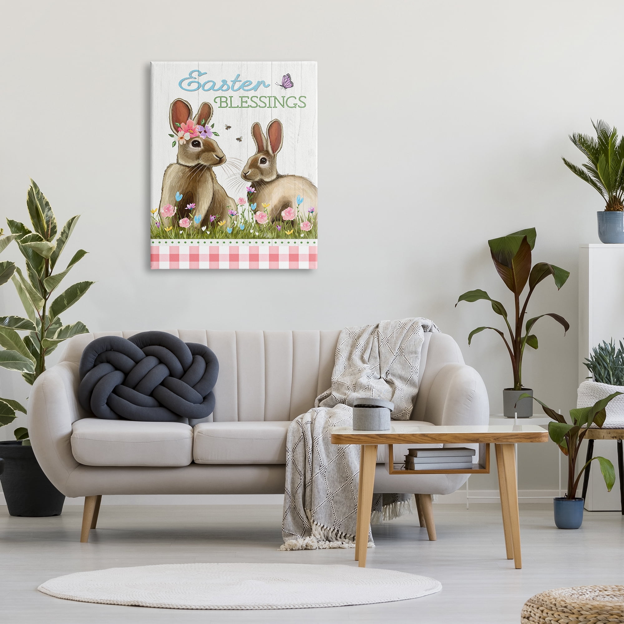 Easter Blessings Gingham Spring Bunnies Canvas Art, 30 x 40, By Elizabeth Tyndall
