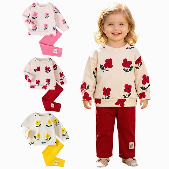 Vedolay Baby Kids Toddler Girls 2Pcs Fall Outfits 6 12 24 Months 2T 3T Long Sleeve Floral Printed Sweatshirt amd Pants Casual Dailywear Outfits Set