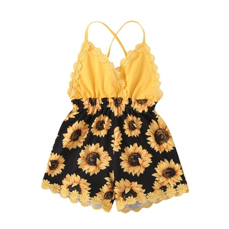 

Carolilly Kids Sunflower Print V-Neck Playsuit Spaghetti Strap Romper