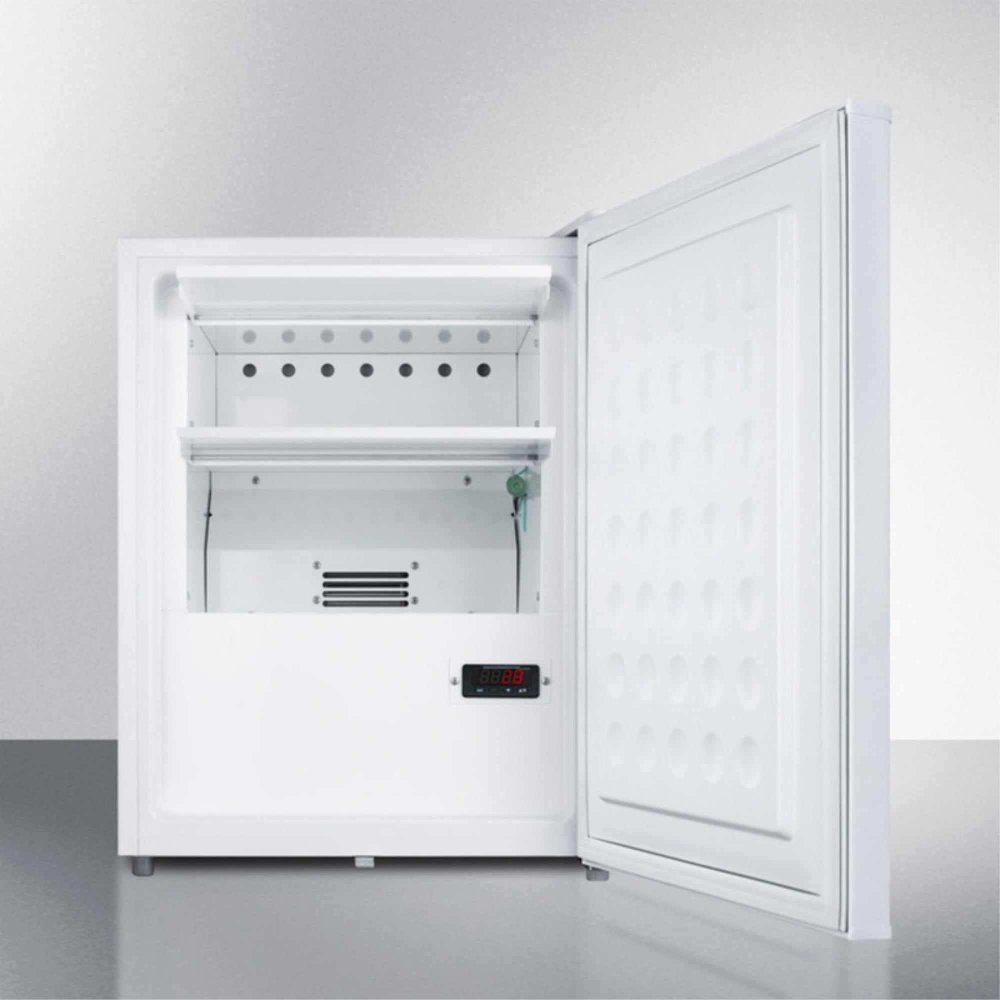 Compact medical all-refrigerator for temperature stable medical storage, with digital thermostat, lock, self-closing door, temperature alarm, and internal fan