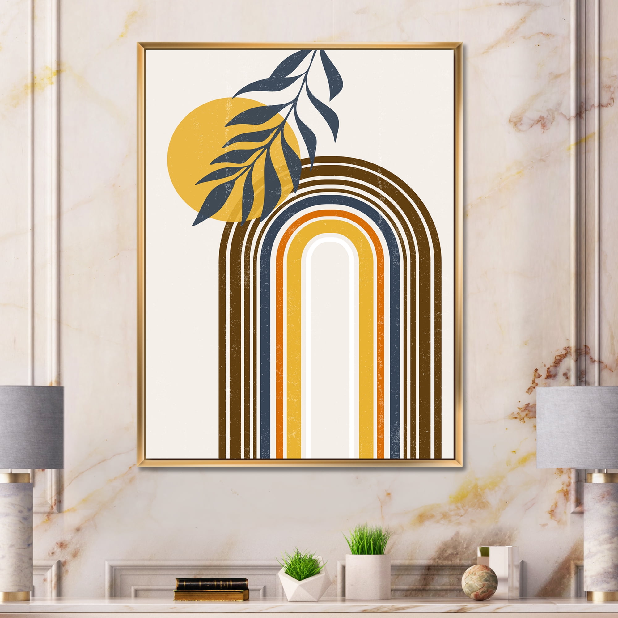 Designart 'Abstract Moon Sun Leaves II' Modern Framed Canvas Wall Art Print