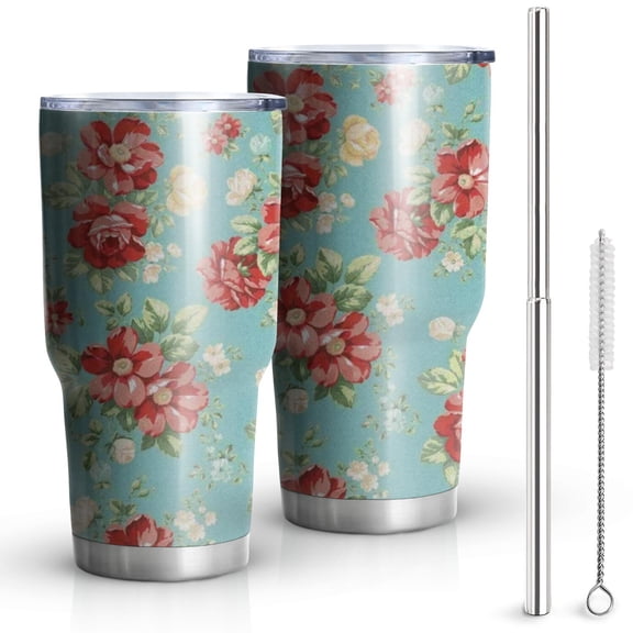 30oz Pioneer Flower Floral Print Pattern Tumblers Stainless Steel Tumbler with Lid and Straw,Vacuum Insulated Double Wall Travel Tumbler Cups Mug with Cleaning Brush for Coffee,Tea