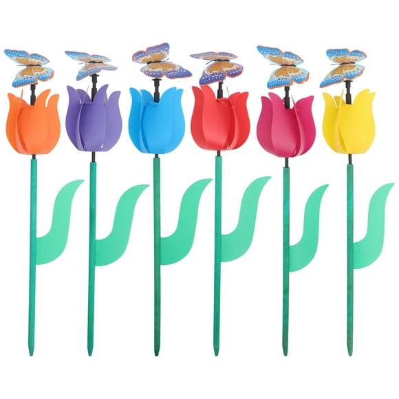 KAKOWELY 6Pcs Plastic Tulip Design Pinwheels Decorative Windmills for Garden Random Color,16.93X"X3.15"X3.15"