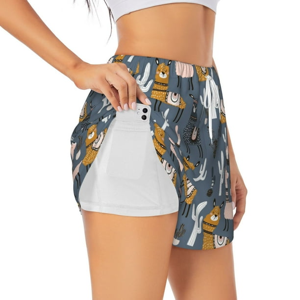 Balery Llama and Cactus Pantalones cortos deportivos para mujer con forro y dos bolsillos, elásticos, para entrenamiento, gimnasio, yoga-Medium