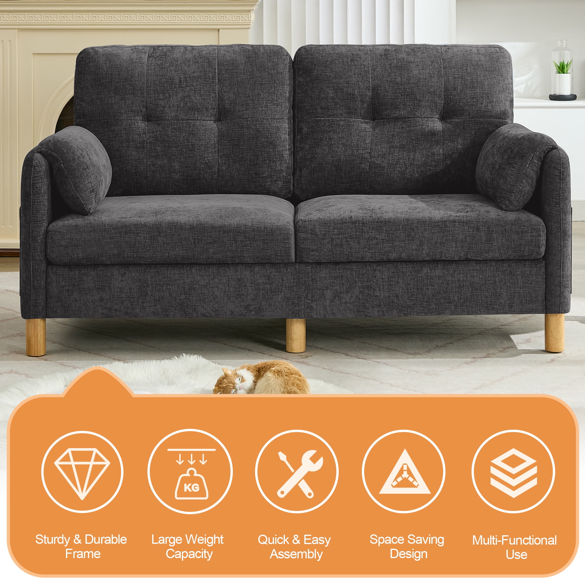 65" Chenille Loveseat Sofa, Modern 2-Seater with Armrest Pillows & Side Storage Pockets, Tufted Upholstered Loveseat for Living Room or Bedroom, Dark Grey