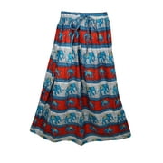 Mogul Womens Bohemian Long Skirt Red Blue Elephant Print A-line Cotton Blend Comfy Boho Style Gypsy Skirts