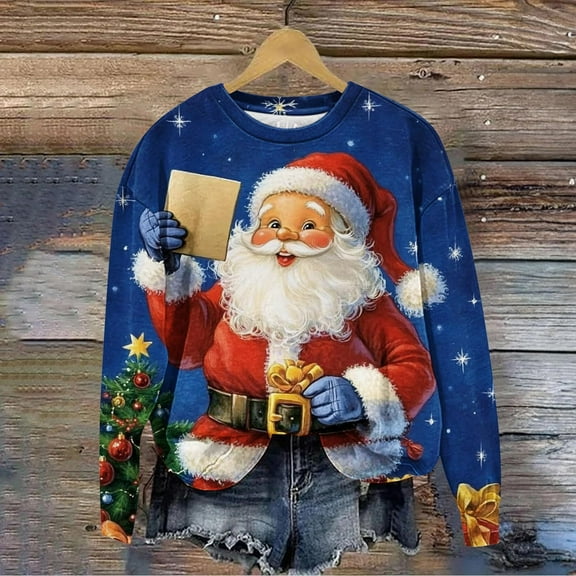 UPPADA Funny Christmas Sweater Women Christmas Tree Sweatshirts Santa Claus Print Long Sleeve Crew Neck Tops Holiday Merry Christmas Pullover fall savings Red,L