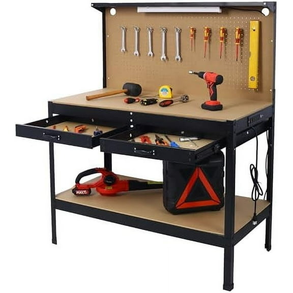 Steel Workbench with Power Outlet and USB, Garage Workbench with LED Lights and Storage Racks, Multi-Function Workbench Tool Organizer for Stores, can Hold 300 pounds$$Tools & Hardware Other