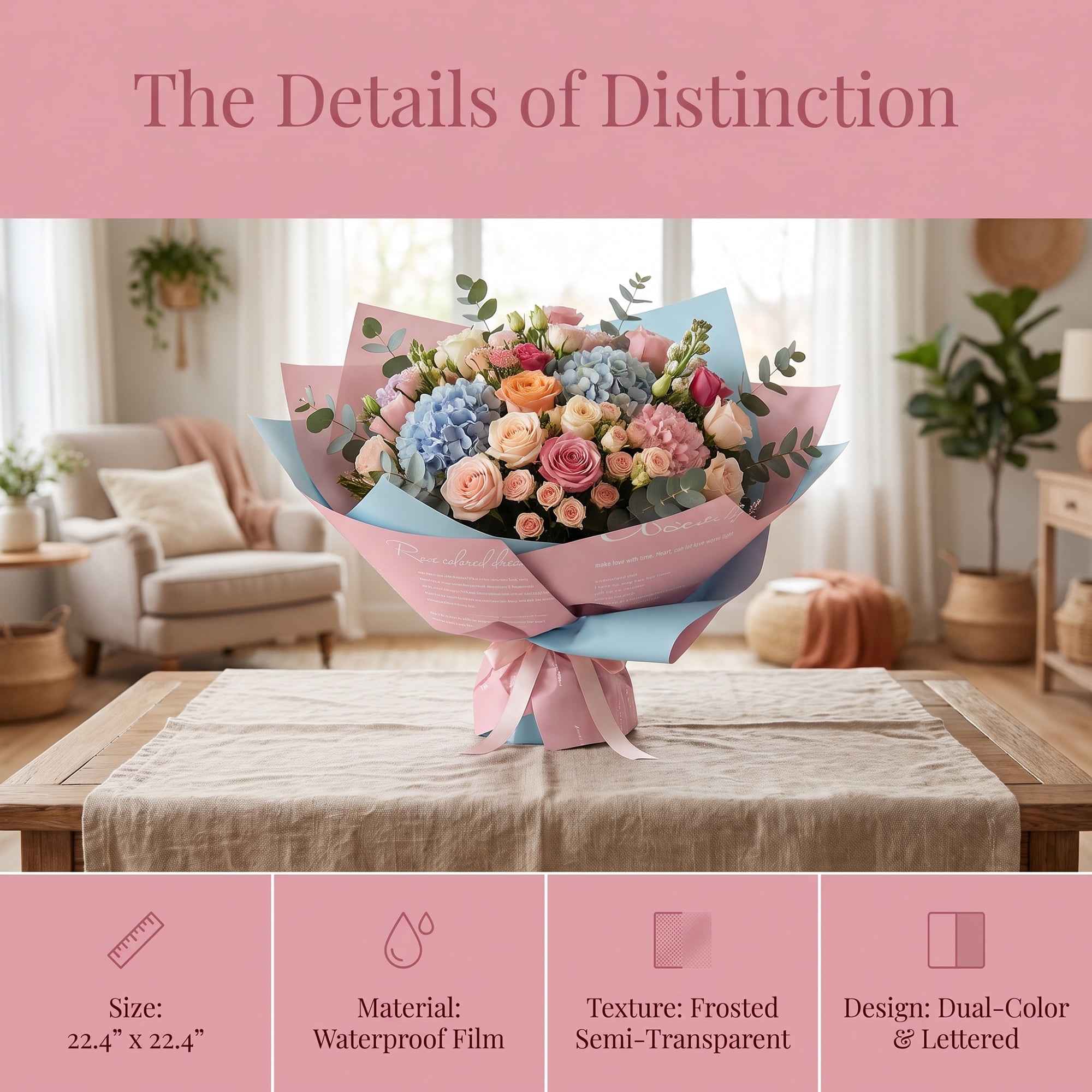Unique Bargains Waterproof Gift Wrap Paper for Bouquets and Gifts Pink 22.4"x 22.4"