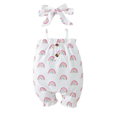 

Lumento Infant Cartoon Travel Romper Casual Headband Jumpsuit Cute Rainbow Print Overall White 92cm