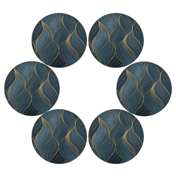 Round Placemats Set of 6 Heat Resistant Washable Kitchen Table Decorations 15.4in Blue-gold Lines