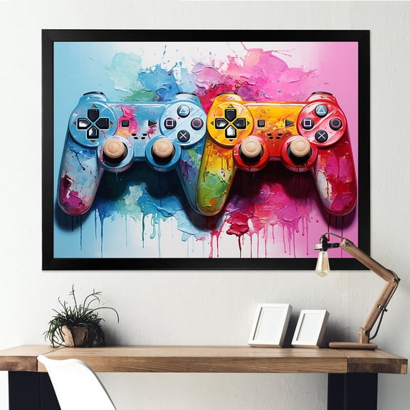 Designart "PS Video Game Controllers Pink and Blue Edition" Fashion Framed Wall Art Decor - Modern Blue Video Games Entryway Framed Wall Art Print