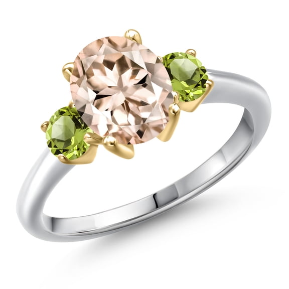 Gem Stone King 925 Silver and 10K Yellow Gold Peach Morganite and Green Peridot Engagement Ring for Women | 2.20 Cttw | Oval 9X7MM | Gemstone October Birthstone | Size 7