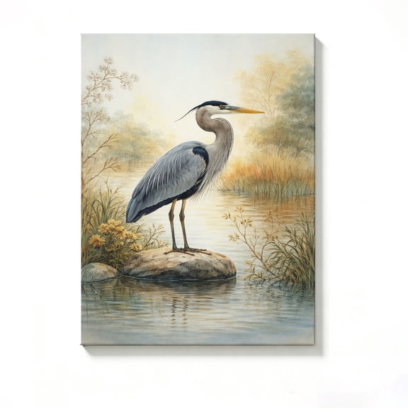 FLASHLUMI 8x12 Inch Vintage Great Blue Heron Watercolor Painting Canvas Wall Art, Elegant Wildlife Nature Home Decor for Living Room Bedroom, No Frame