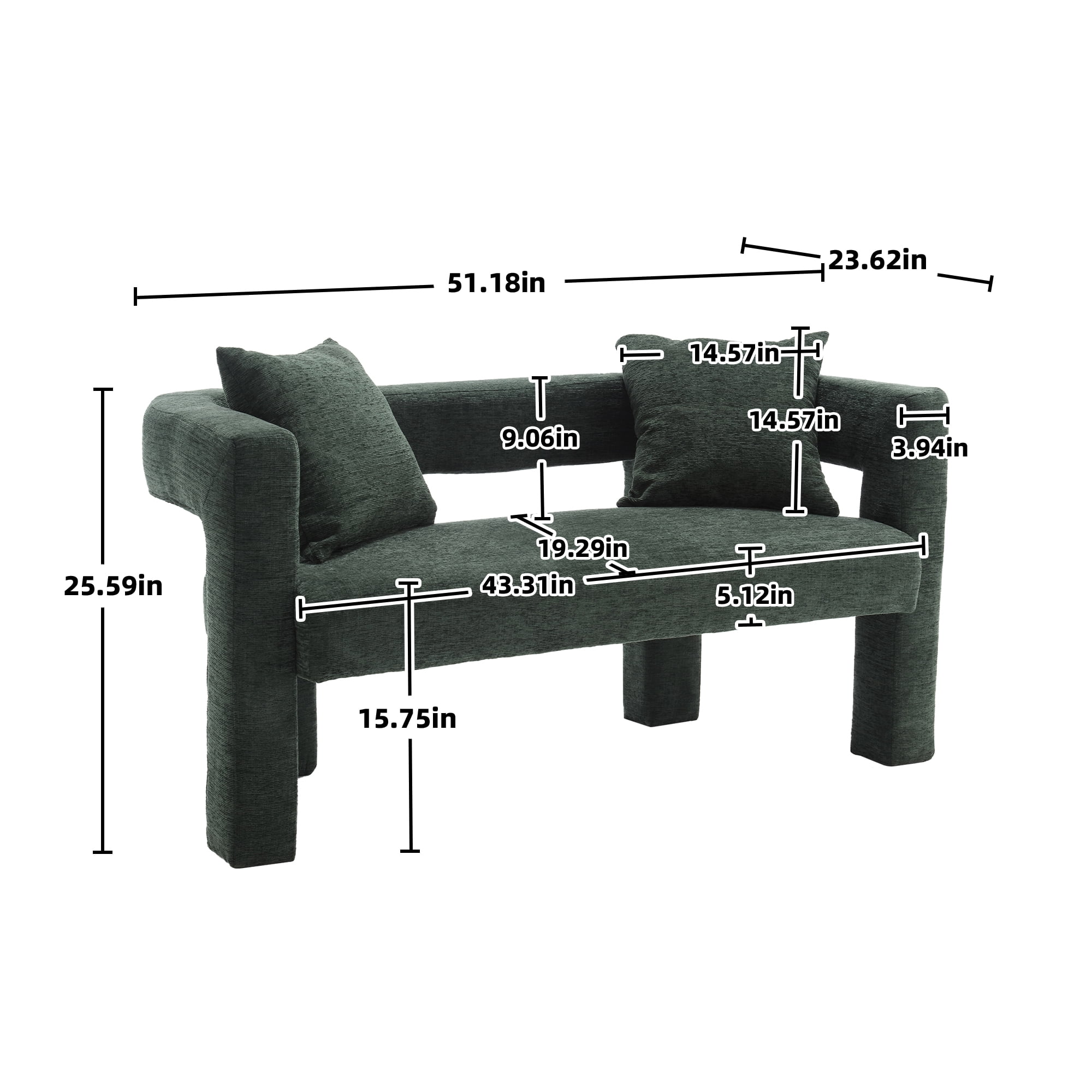 MOONMISS Chenille Upholstered Modern Comfy 2-Seater Loveseat Chair with 2 Pillows-Emerald