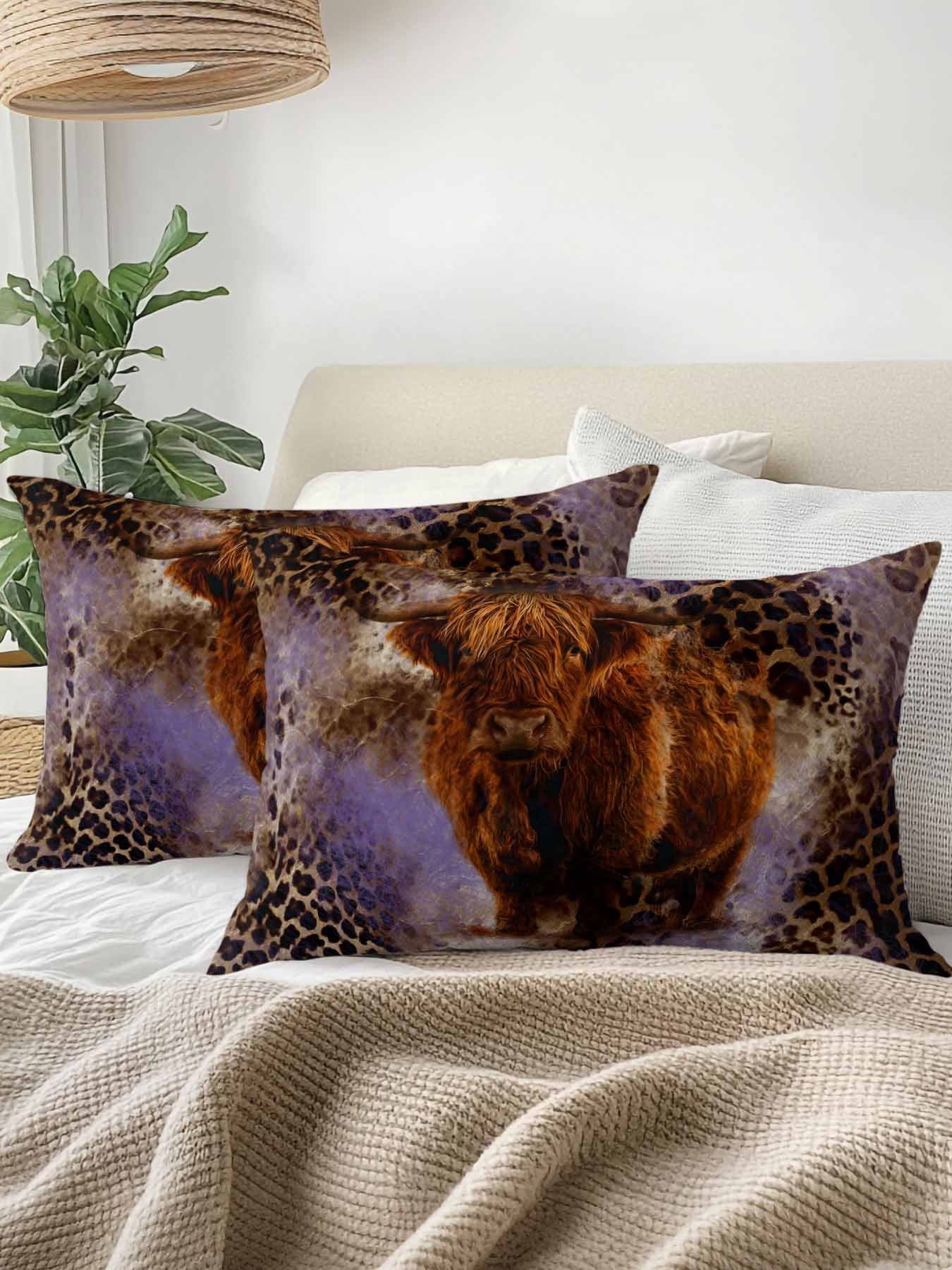 1 Pack Outdoor Throw Pillow, Purple Cow Leopard Waterproof Pillow with Insert Included, Aesthetic Vintage Animals Farmhouse Decorative Accent Cushion Lumbar Pillows for Patio Porch, 12 x 20 In
