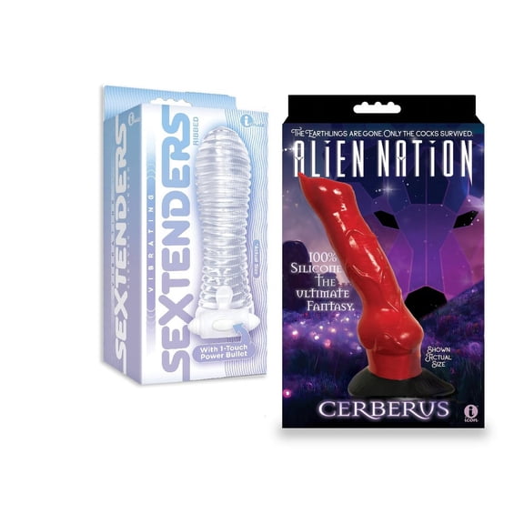 Adult Sex toy Bundle of Vibrating Sextenders, Ribbed And Icon Brands Alien Nation Cerberus Silicone Creature Dildo - Red