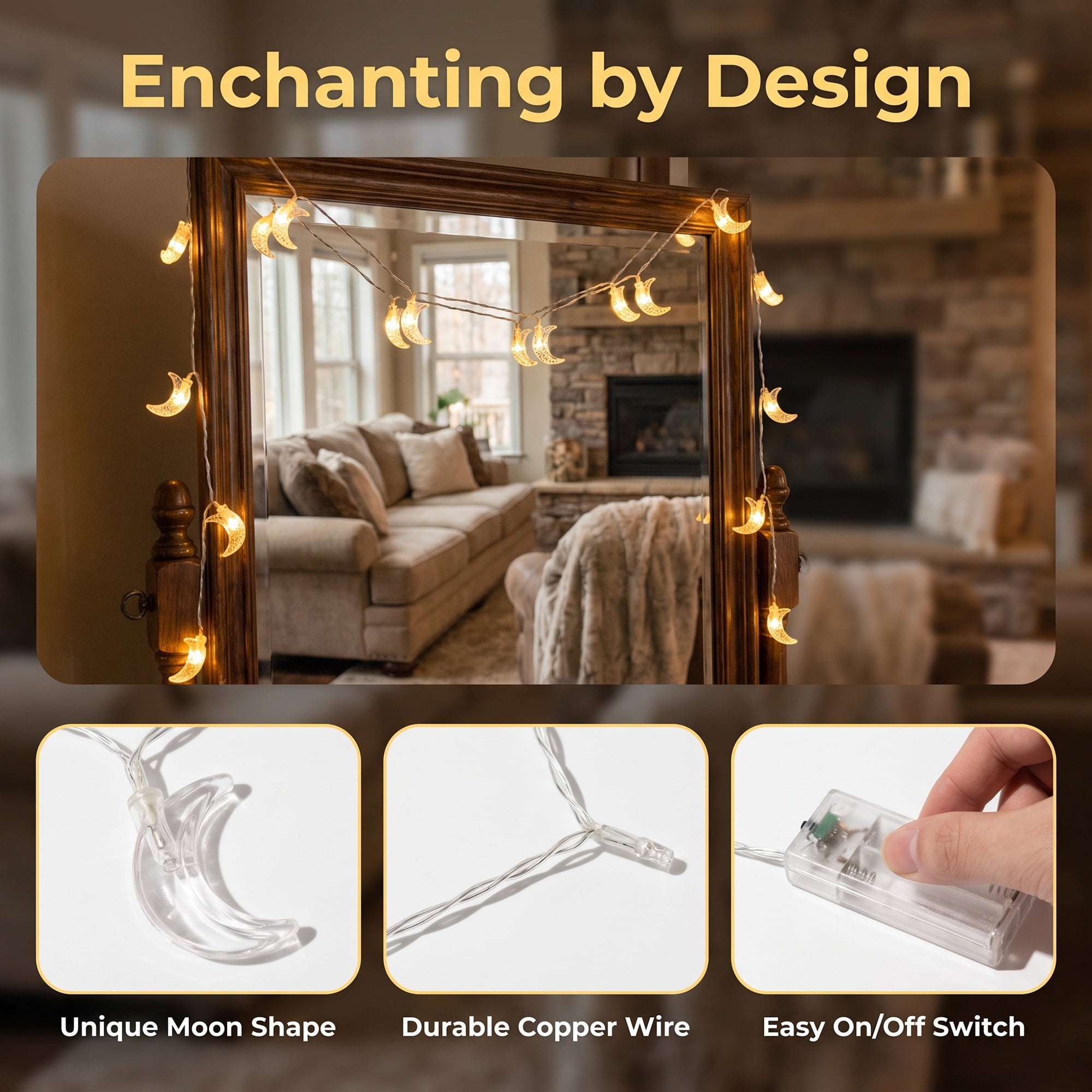 Unique Bargains Moon Fairy Lights for Decor 6.6 ft Warm White Battery Operated