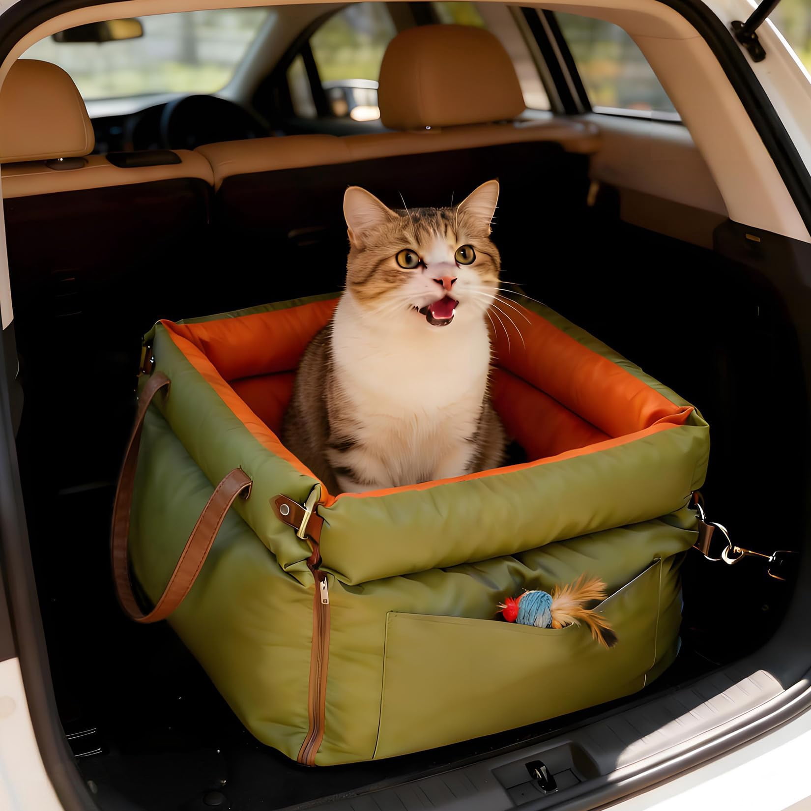 Dog Booster Car Seat, Waterproof PU Leather Upholstered Cat Bed for Car with Storage Pockets, Portable Pet Seat, Bite-Resistant, Perfect for Travel and Home