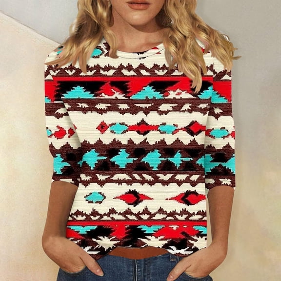 SOOMLON Womens 3/4 Length Sleeve Tops Plus Size Tunic Cotton Vintage Tops Casual Crew Neck Shirts Funny Ethnic Graphic T Shirts 2025 Trendy Spring Summer Ladies Tops Loose Fit Outfits Pullover XL