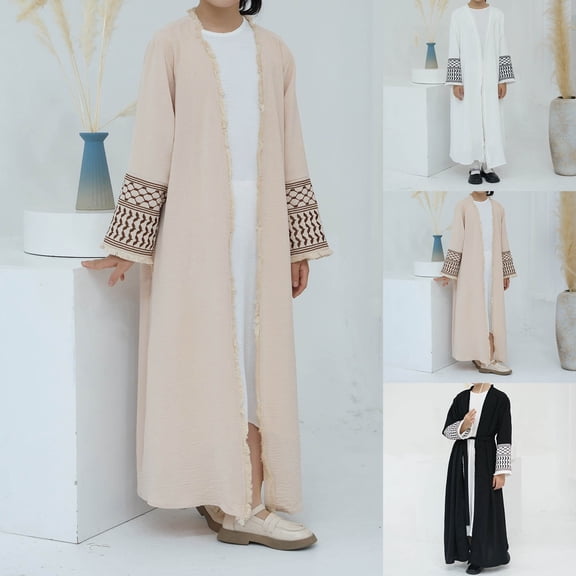 MUXiin Girls Abaya Long Sleeve Embroidered Open Front Cardigan Kimono Turkey Dubai Kaftan for 7-8 Years