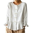 thumbnail image 2 of Womens Cotton Linen Shirts Long Sleeve Button Down Crewneck Ruffled Blouses Trendy Casual Loose Cute Comfy Tops, 2 of 6
