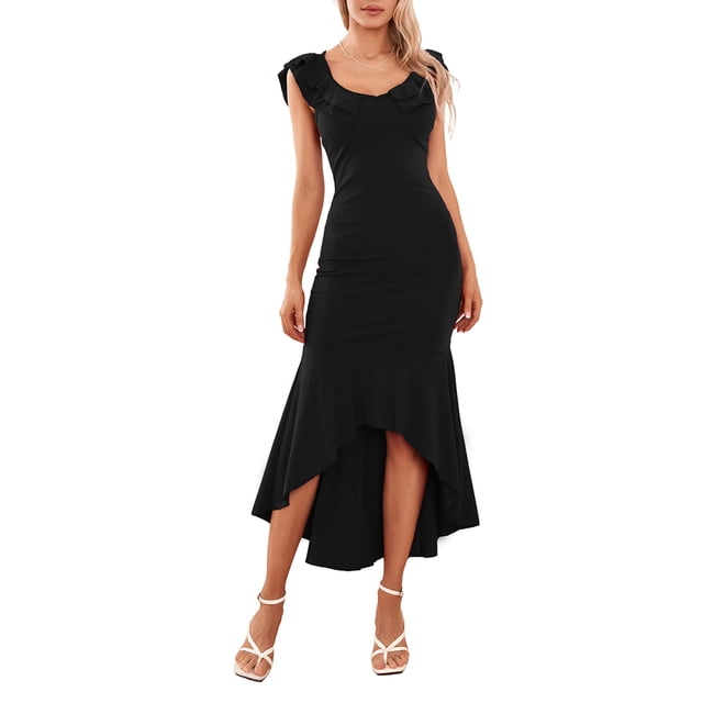 SUNSIOM Femmes Robe Longue Bodycon Couleur Unie V-Cou Volants Queue de Poisson Robe Sans Manches Été Croix Dos Nu Partie Robe