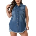 thumbnail image 1 of GRACE & GRANDEUR Women's Plus Size Button Up Frayed Hem Shacket Sleeveless Pockets Denim Jean Jacket Vest Blue 4X, 1 of 5