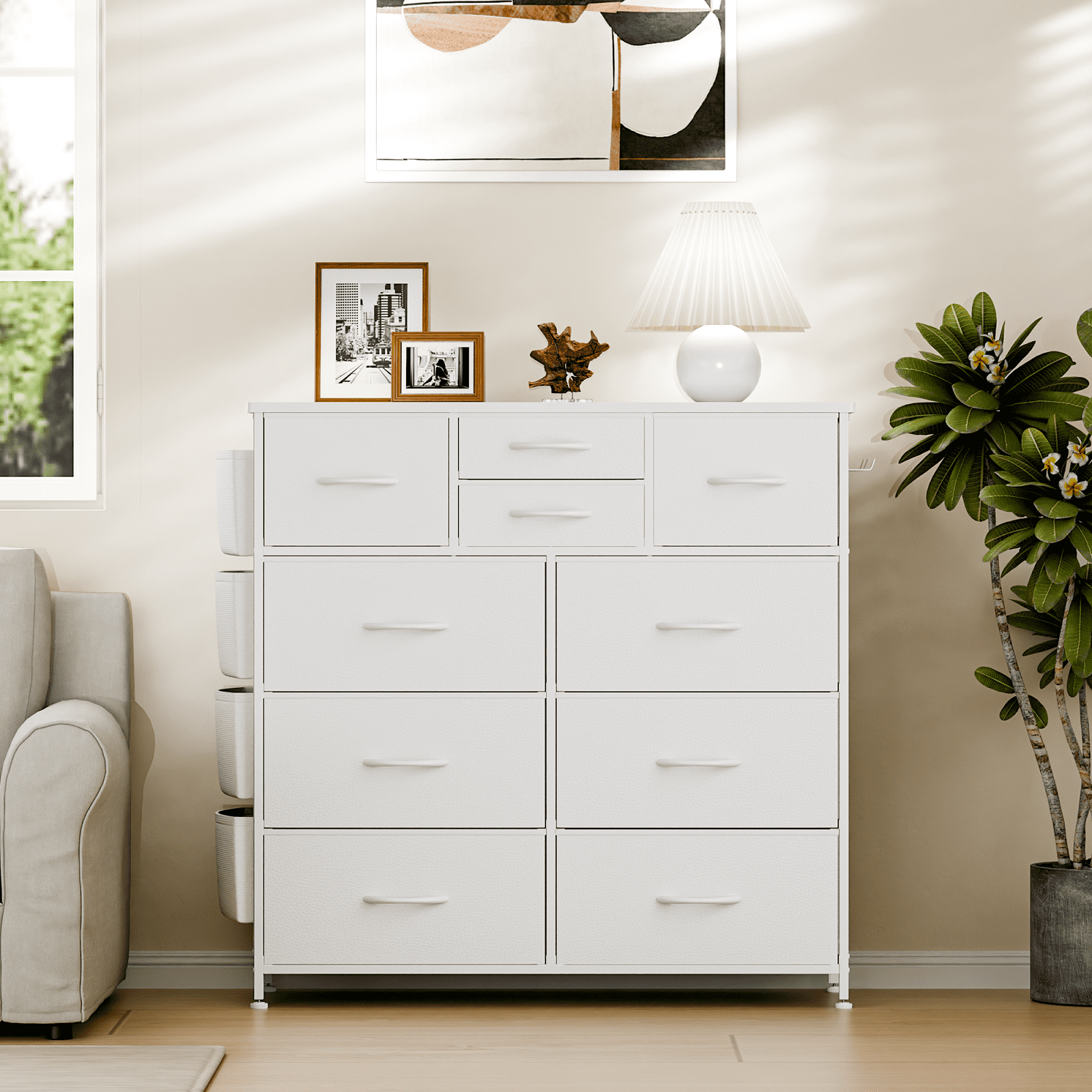 Aowos 10 Drawer Dresser, Chest of Drawers Dressers for Bedroom with 4 Side Pockets and 2 Hooks, White