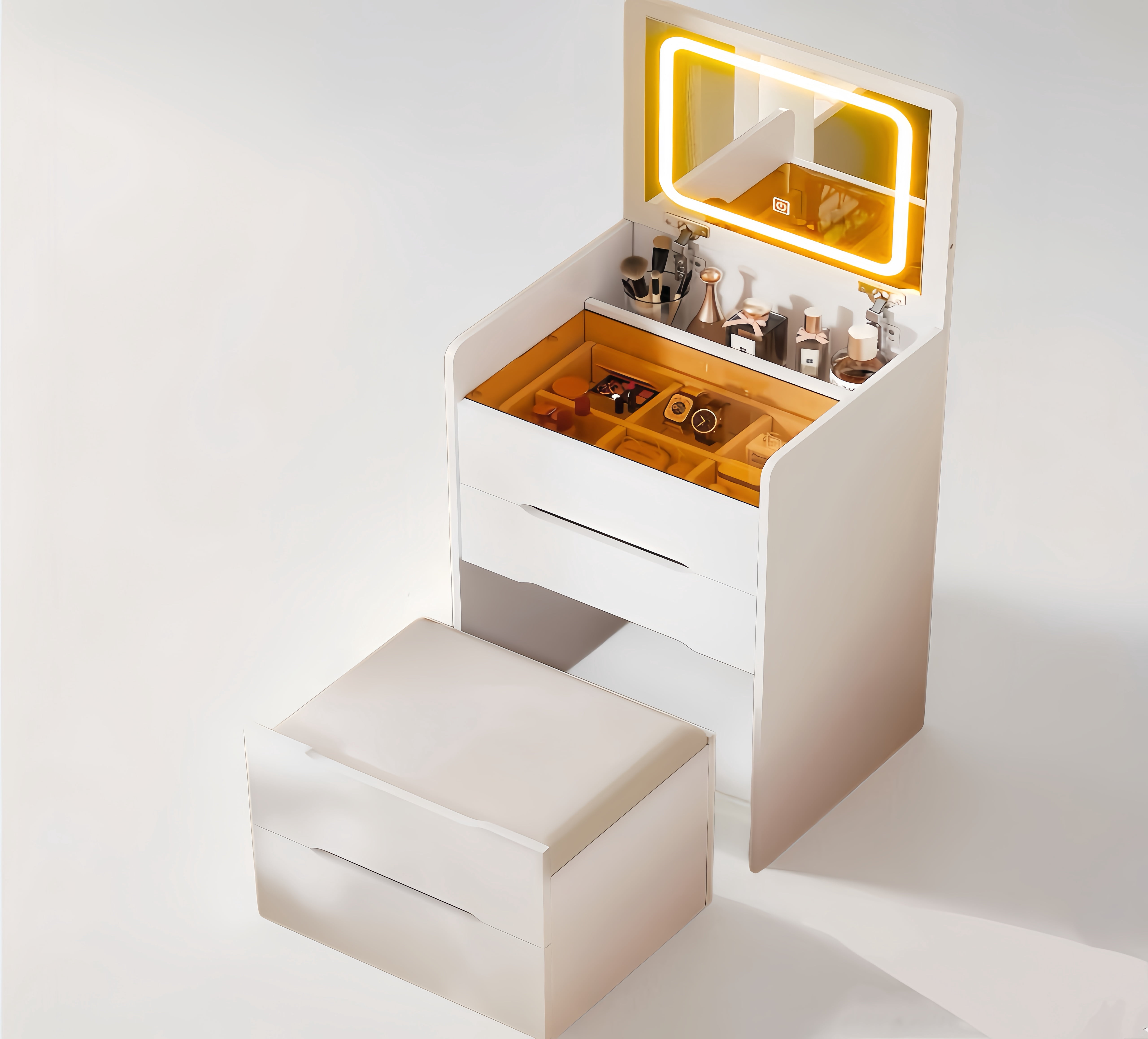 3 in 1 Vanity Desk with Mirror,Make Up Vanity Set with Glass Desktop Cushioned Tool,Dressing Table for Bedroom White