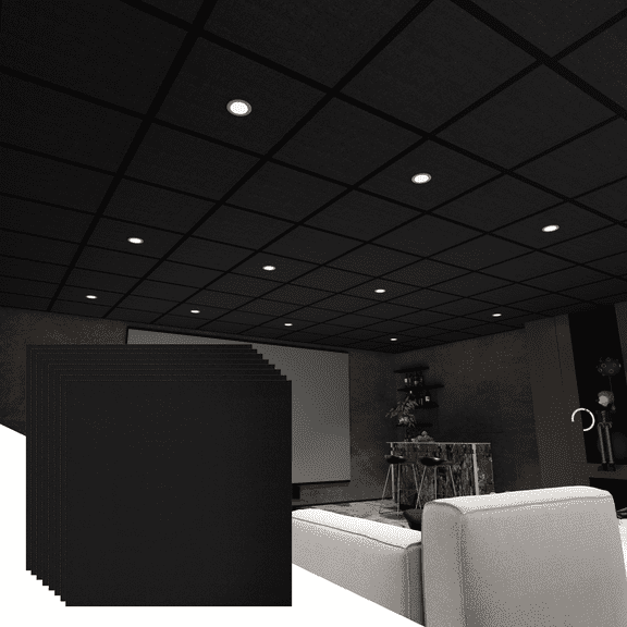 BaseNoir 6 PCS Black Polyester Fiber Acoustic Ceiling Tiles Reduce Light Reflection 2x2 Ft Soundproof Panels 0.36" Thick Moisture-Proof Flame-Retardant Ideal for Home Theater Basement Cover 24 Sq.Ft