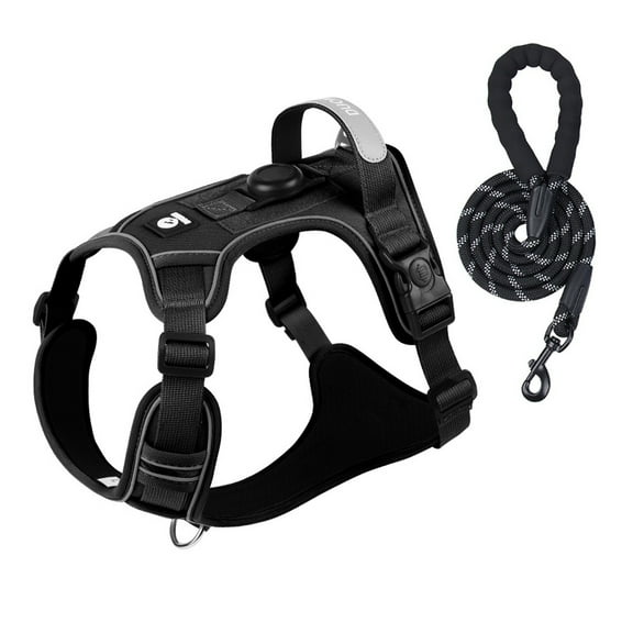 Levviye Reflective Dog Harness Vest-Style Adjustable & Leash with Round Rope Set, Black S