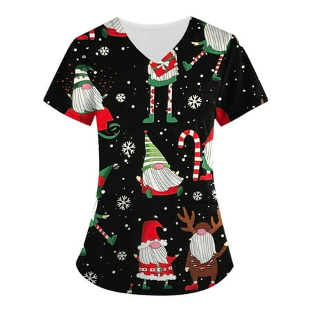 

Ovticza Scrub Uniforms for Women Christmas Snowman Printed Short Sleeve V Neck Printed Scrub Tops Women with Pockets Nursing Uniforms Basics Fitted Maternity Nursing Scrubs Black XL