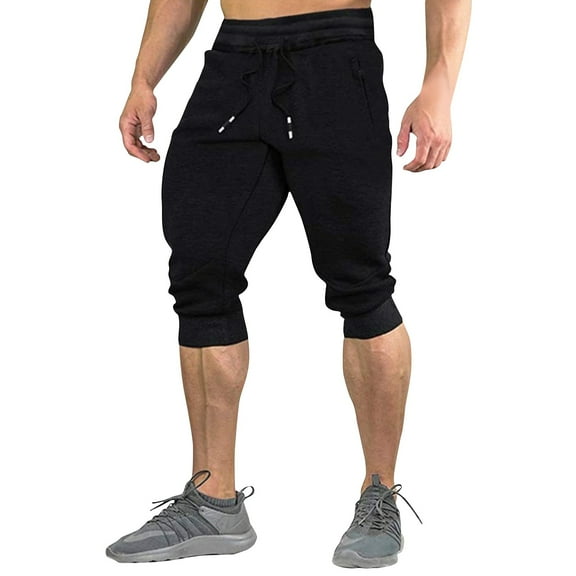 Huresd Men's Cotton Casual Shorts 3/4 Jogger Capri Pants Breathable Below Knee Short Pants with Three Pockets Black M