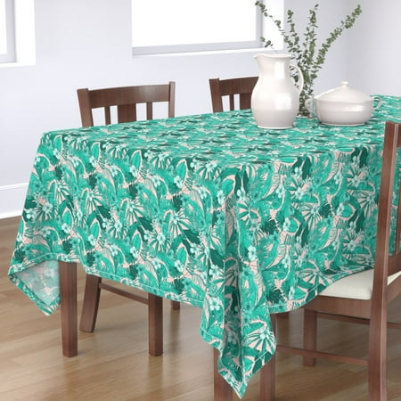 

Cotton Sateen Tablecloth 90 Square - Beach Aqua Peach Tropical Flowers Floral Summer Hawaiian Palm Leaves Print Custom Table Linens by Spoonflower
