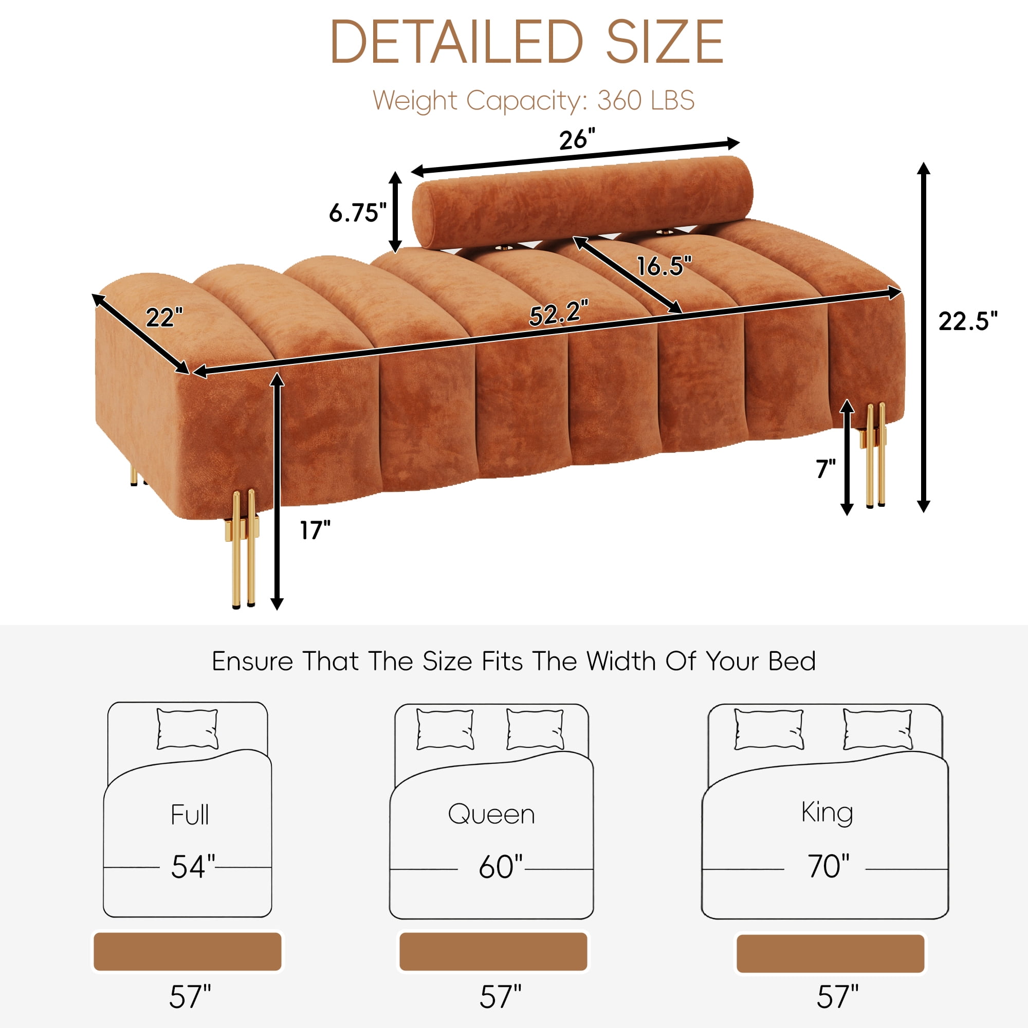Wiilayok 52" Upholstered Velvet Ottoman Bench,End of Bed Bench with Gold Legs,Tufted Long Bench for Bedroom Living Room Foyer Indoor Entryway, Orange