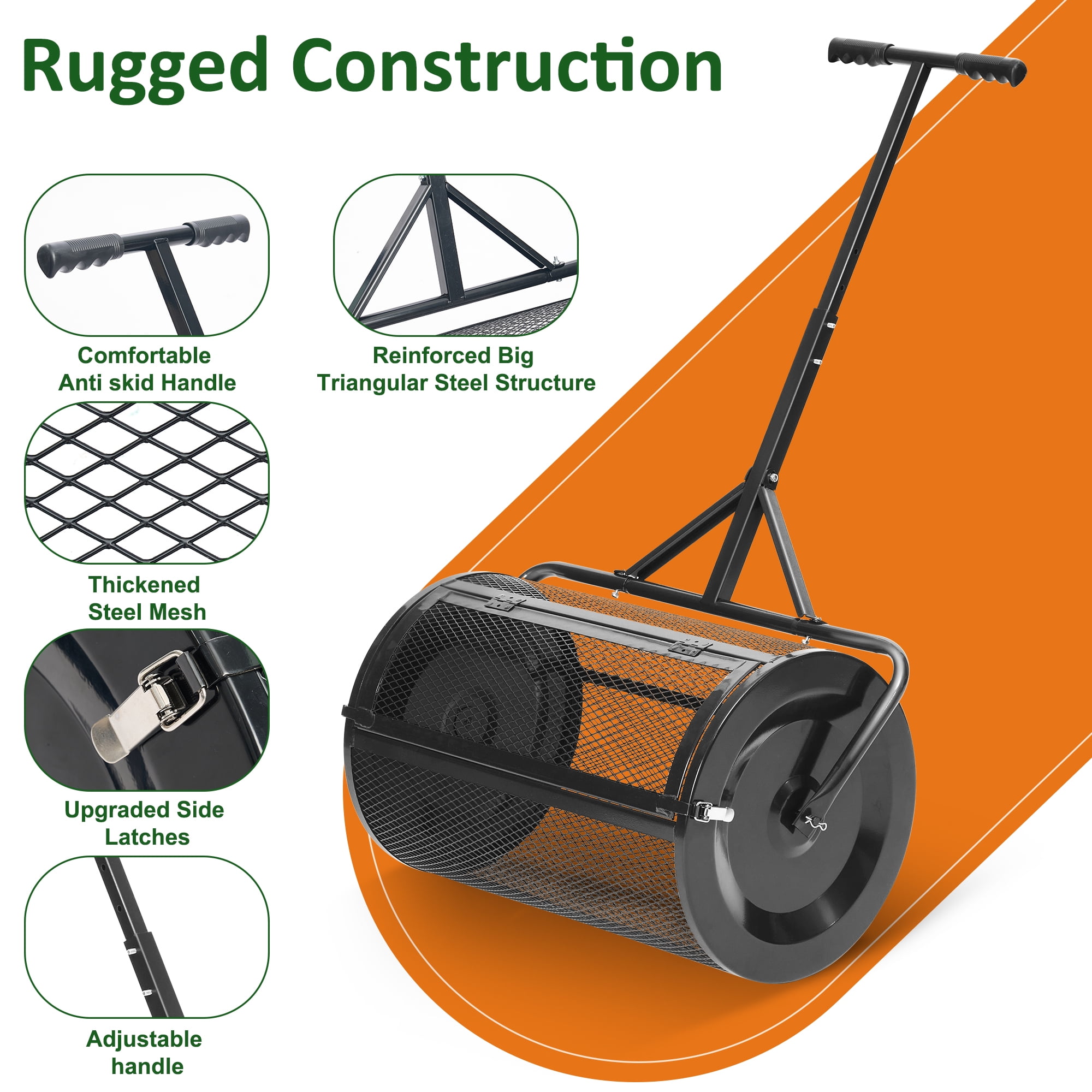 MUCHANT 24" Compost Spreader, Heavy-Duty Metal Mesh Spreader with Adjustable Handle for Lawn, Black