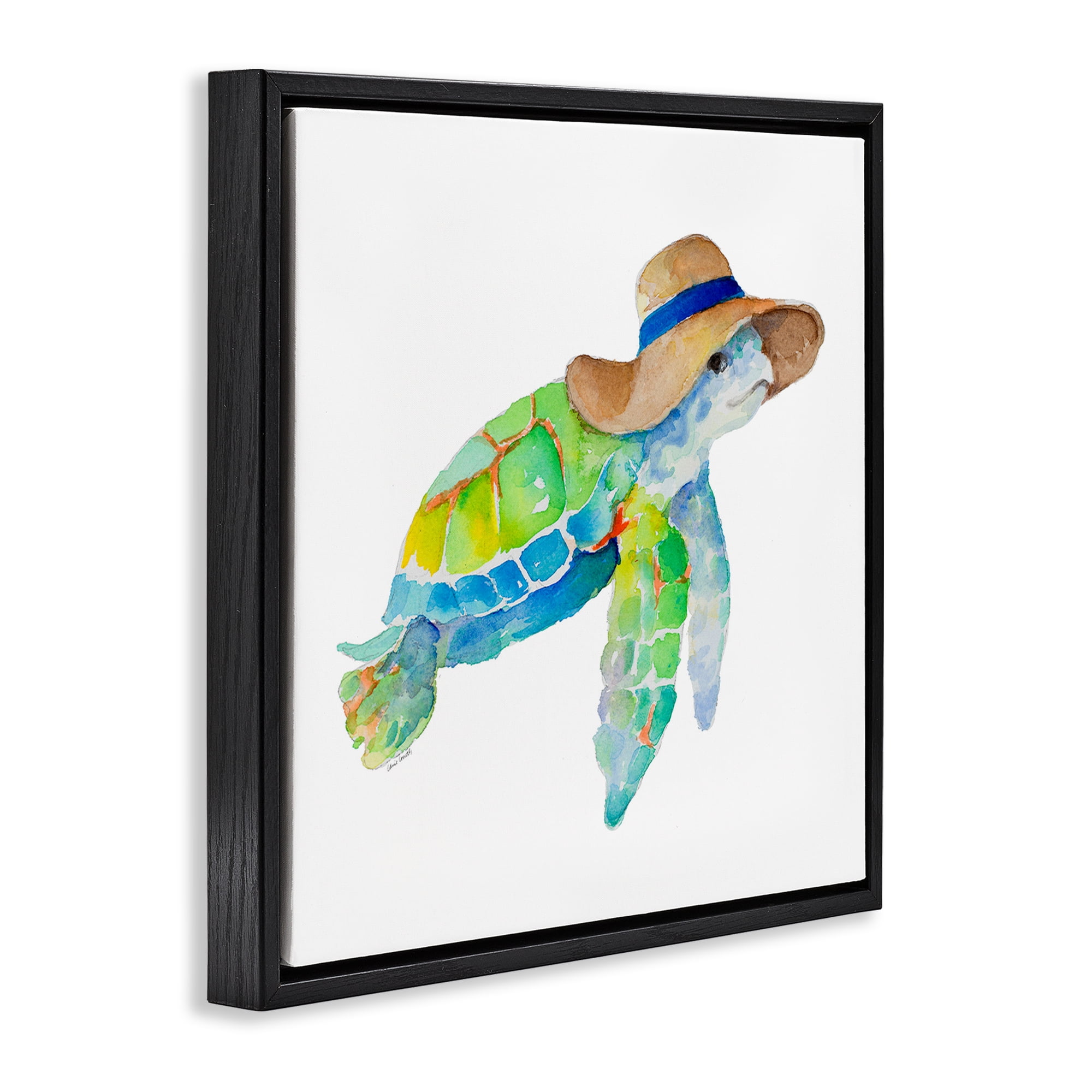 Stupell Industries Beach Ready Turtle Novelty Painting Black Floater Framed Canvas Art Print Wall Art, 18 x 18