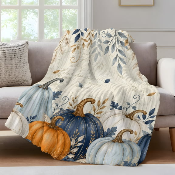 Blue Pumpkins Fall Fleece Throw Blanket for Couch, Thanksgiving Eucalyptus Leaves Retro Microfiber Flannel Blanket for All Season, Lightweight Soft Throw Blankets for Bedroom, Living Room, 60"x80"