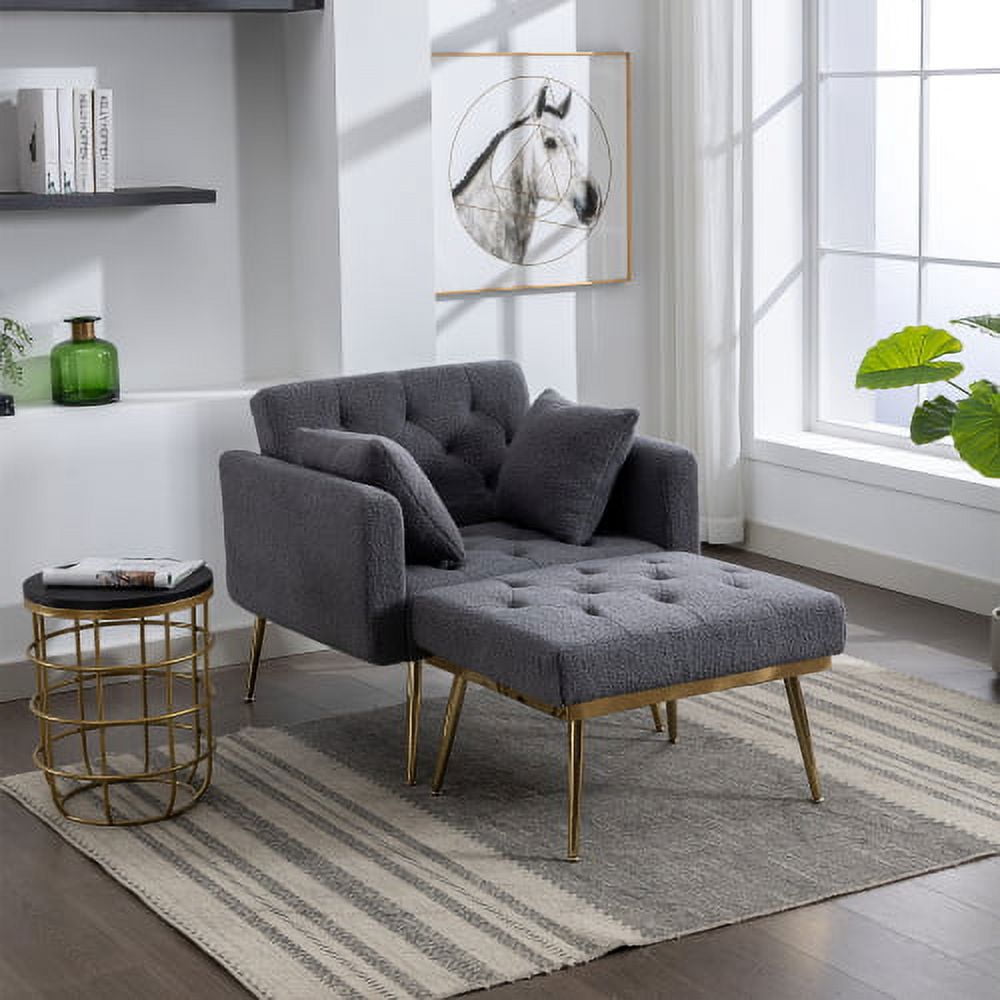 BSHTI 36.61'' Wide Modern Accent Chair With 3 Positions Adjustable Backrest, Tufted Chaise Lounge Chair, Single Recliner Armchair With Ottoman And Gold Legs For Living Room, Bedroom (Gray)