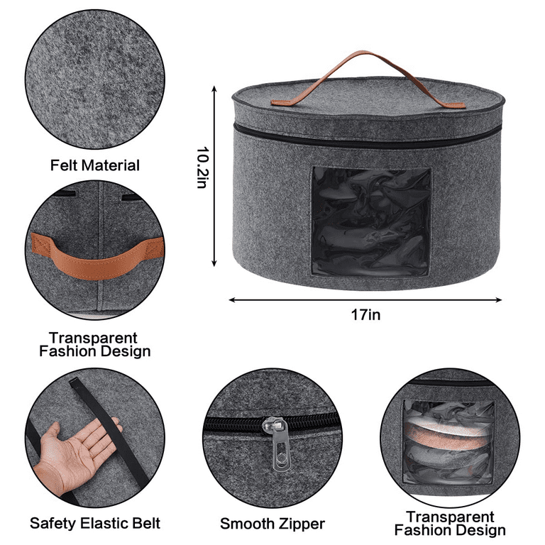 Hat Box 17x17x10in Large Capacity Gray Felt Hat Storage Container Round  Foldable Double Opening Zipper Dust-Proof Hat Storage Bag with Visible  Window for Travel Dorm Home 